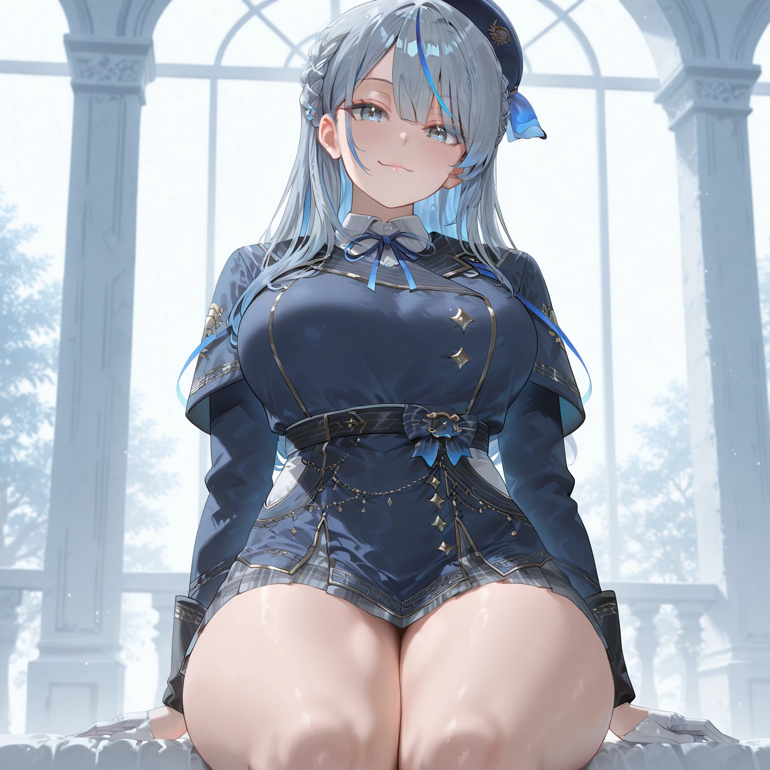 Furina, Surrealism, 8k, super detail, hydro aarchon, thicc thighs, sitting, bratty face, smug, beautiful eyes, genshin, masterpiece, best quality, ultra-detailed, illustration, epic lighting, cinematic composition, isometric, 1girl, solo, cute,enchanting gaze, captivating pose, indoors, looking at viewer, peeking out upper body NSFW, boobs, blush, seductive smile, closed mouth, bratty, smug(8k:1.1),