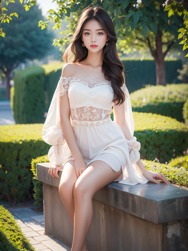 8k resolution, ultra-fine details, watermark, water mist, light and shadow, aesthetics, details, delicate picture, strong ray tracing, correct proportions, perfect composition, high quality, masterpiece, good atmosphere, refinement, ray tracing, close-up, perfect composition, infinite detail, high quality, rich details, gorgeous purity, detail light, ray tracing, Tyndall effect, Chinese, girl, wavy long hair, dark brown hair, student, front, full body photo, slightly larger breasts, details, perfect face, delicate facial features, shyness, blush, shy strap, light makeup, pink lips, fair skin, delicate collarbone, sitting upright, (transparent cheongsam, high slit : 1.5), seen from below, sitting on the corridor steps,