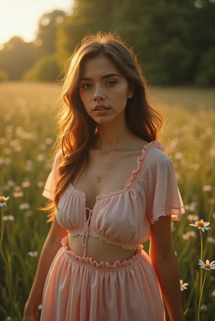 a photo of a seductive woman with loose styled redhead hair, posing in a fieldofflowers, she is wearing Button-up pink flannel shirt, and denim shorts, intricate details, goosebumps, flawless face, shy, prude, (freckles:0.9), ((photorealistic):1.2), raw
