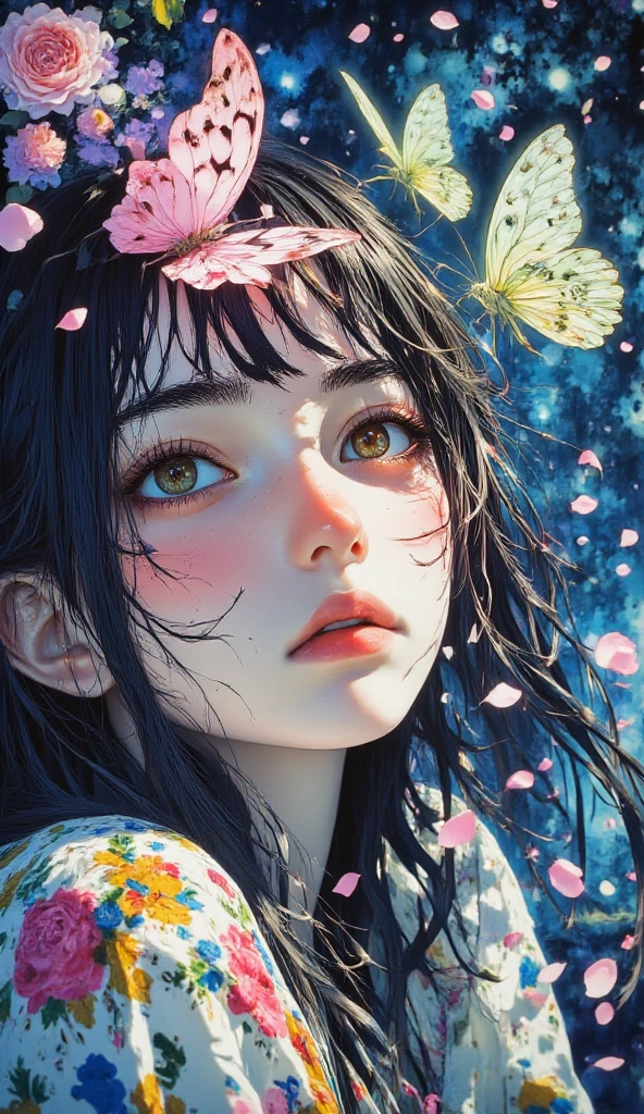 black hair, Japanese cartoons, Guibli, Japanese cartoons style, close up, from the side, First-person perspective, 8k, Super details, masterpiece,Super details, high quality, high resolution, high detail, White background, facial details, happiness, curls, blue eyes