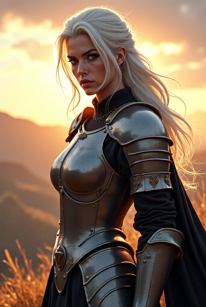 Blonde woman in knightly armor. bare chest.