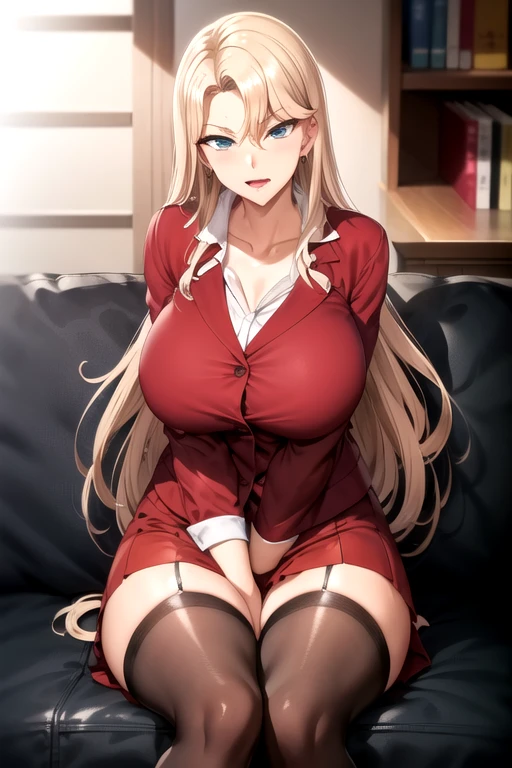 ((1 girl)),((Alone)), reika kurashiki,((Extremely detailed CG unity 4k wallpaper)),(Masterpiece),(ultra quality),(Ultra detailed),(best illustration),( best shadow),(extremely detailed),(absurdities),(detailed background), looking at viewer, ((red lingerie with black lace, 1-piece lingerie, session, black pantyhose, hands on hips, ((standing)), (angry, disgusted:1.2), (blush:1.2), mature woman, curvy body, hair long,blond hair,blue eyes,dynamic pose,cowboy shot,(thighs:1.2) , thick thighs )),((indoor, ((standing:1.2)),sofa,office,desk,window,urban background, city lights,night, moon)),big breasts,narrow waist,wide hips,medium thighs,round butt,Beautiful detailed eyes,suductive look,nail polish,solo,earrings,Backlit,facing front,(( focus on breasts), pov (from middle), perfect anatomy, perfect hands