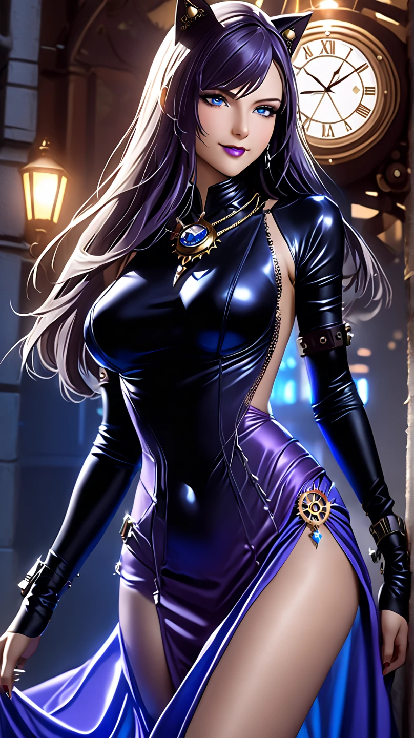 a female assassin in a dark fantasy setting, with long flowing hair in shades of black and purple, Tattood on the face, piercing blue, wearing a sleek black leather outfit , including dragon scales tattoos on her arms,Wearing a pair of pointed long leather boots. She stands in a dimly underground chamber, holding a curved daggers , The scene is illuminated with flickering torche, casting shadows and enhancing the suspenseful atmosphere. The lighting emphasizes the sharp edges and intricate details of the assassin's attire, adding depth and texture to the overall composition. The image is of the highest quality, with extreme attention to detail , showcasing the artist's technical expertise and mastery of light and shadow. The art style is realistic yet with a touch of fantasy.