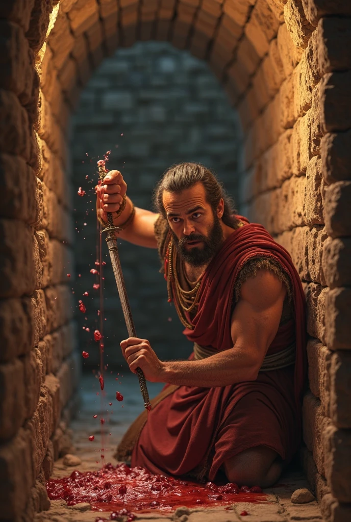 Photo Raw, (realistic), (masterpiece), (best quality), there is a male man with a blood-stained knife in his left hand, [(eyes high details)], (skin high details), [(hands high details)], knife threat, violence, people laugh ,epic biblical representation, 8k, UHD, cinematic lighting, --s2