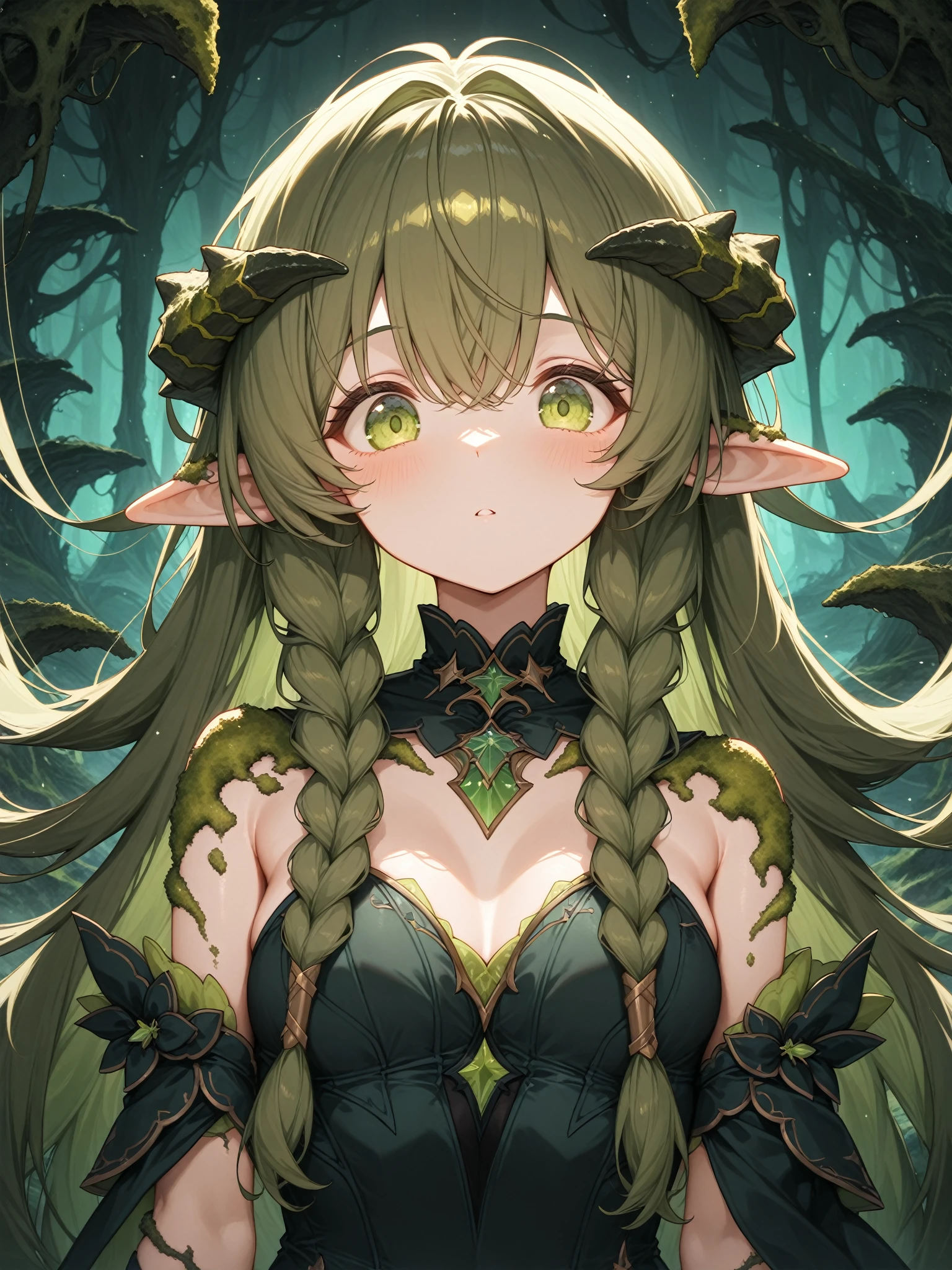 masterpiece, best quality, ultra-detailed,very detailed illustrations, extremely detailed, super complex details,extremely detailed 8k cg wallpaper,(beautiful and aesthetic:1.2), (1girl), (fractal art:1.3), icon size, cute young girl, light blue hair, long hair, small braids hair, yellow eyes, elf ears, dragon tail, dragon thorn, muscular body, big breast, smile
