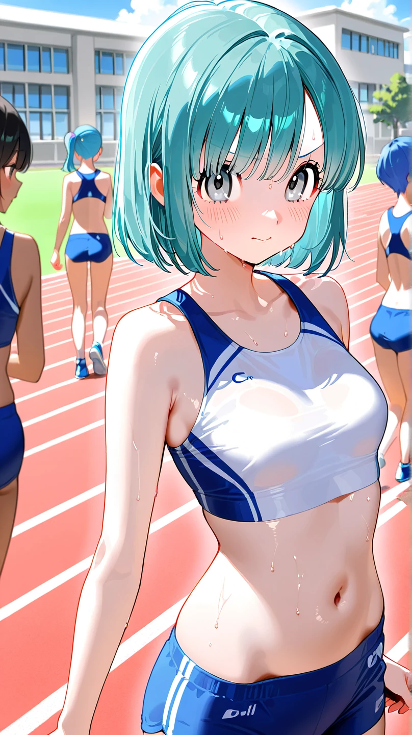 NSFW,masterpiece,Highest quality,High resolution,Super detailed,Star Town Suisei\(Hololive\),Blue Hair,One Side Ponytail,Blue Eyes,Small breasts,Track and field club,Descente Bra Top,Descente One Point Shorts,Streaks,Athletics Stadium,truck,blush,(In heat),Expecting face,(Sweat),Sports Drink