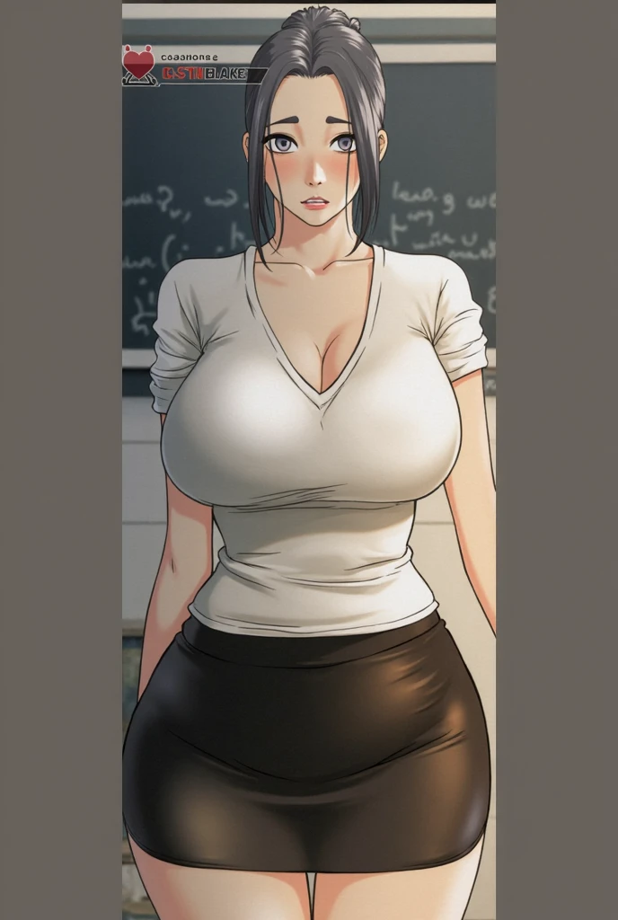 score_9, score_8_wonderful,anime, odor, Armpit hair, Five Fingers, vapor, Droopy eyes, Large glasses, ponytail, Black Hair, Japanese, teacher, Black trousers, White T-shirt, ugly,1 girl solo, Scrunchie, Armpits visible through the gap in the sleeves Tareme B cup breasts 20s