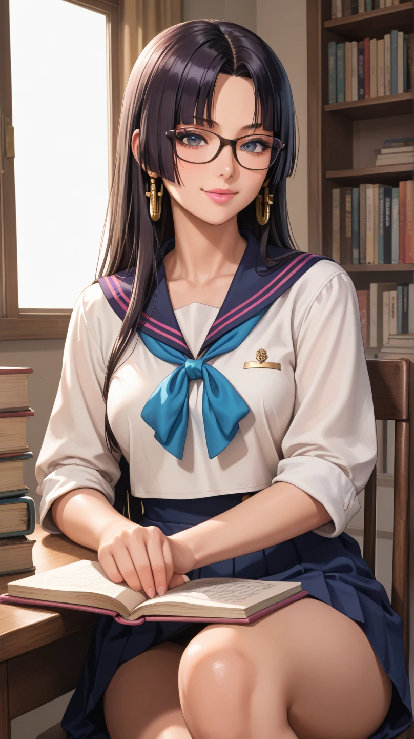 Your influencer character(milf) with long, dark hair dancing on a University Classroom, study table is full of books and notes . She is dressed in a University themed dress with glasses and has a joyful expression on her face. colourful and bright colouring.