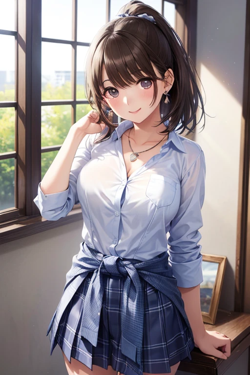 (masterpiece:1.2, top-quality), (realistic, photorealistic:1.4), beautiful illustration, (natural side lighting, movie lighting),
looking at viewer, (breast focus), (from above:1.1), close up, 1 woman, japanese, 20 years old, high school teacher, perfect face, cute and symmetrical face, shiny skin, babyface,
(short hair, ponytail, ash blonde hair), parted bangs:0.2, gold eyes, drooping eyes, big eyes, (middle breasts, seductive thighs, big ass), piercings,
beautiful hair, beautiful face, beautiful detailed eyes, beautiful clavicle, beautiful body, beautiful chest, beautiful thigh, beautiful legs, beautiful fingers,
(black tight skirt, short sleeve white collared shirt),
(beautiful scenery), summer, evening, (office:1.2), standing, leaning forward, (lovely smile, upper eyes),