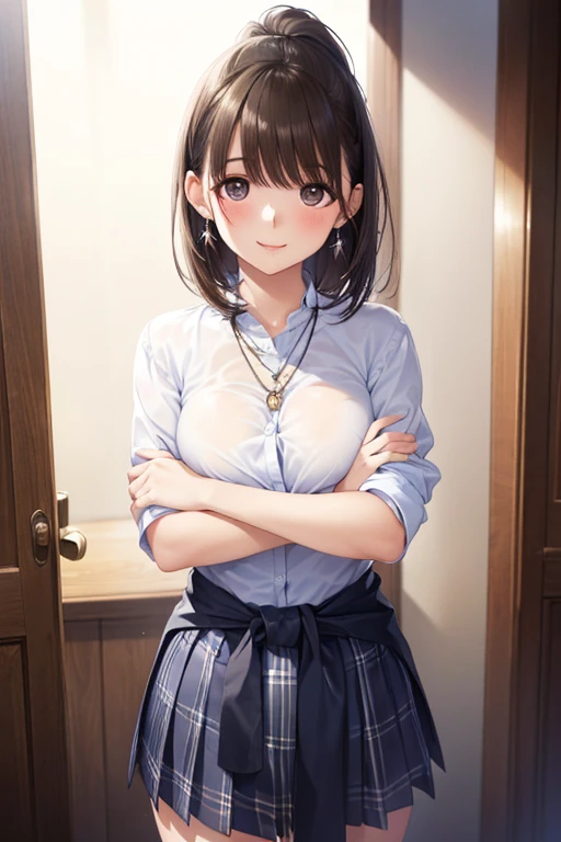 (best quality), 1girl and 1boy, (kabedon pov:1.3), ultra-detailed, illustration, masterpiece, aichan, beautiful detailed eyes, short brown hair, side braid, white shirt, black pleated skirt, blush, large breasts, school, glossy lips, lips parted, collarbone