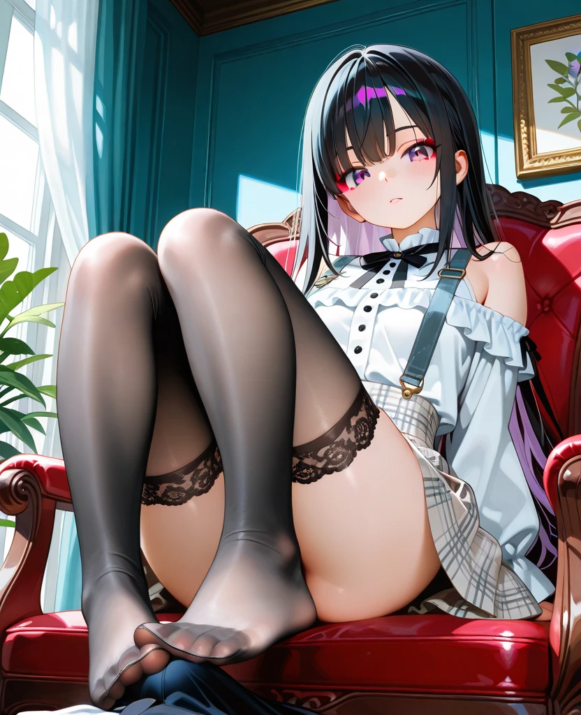 (A superb exquisite Chitanda Eru), Intricate details, Purple eyes, Long black hair, Natural Straight Hair, Straight bangs, alone, Large Breasts, Very delicate, A uniquely beautiful girl,, Luxurious sofa, Delicate face, Bright lips, Narrow waist, Super quality, Highest quality, (masterpiece:1.4), (((Too much exposed skin,Red Lingerie, garter belt, Spread your legs)))