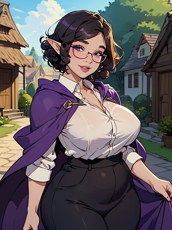 Solo, female Elf, Pale purple skin, Black braids, (((long hair))), light mahogany hair, peach lipstick, eyeliner, eyelashes, thick eyelashes, big breasts, cream linen tunic, (peach cloak), glasses, fantasy village, mature female