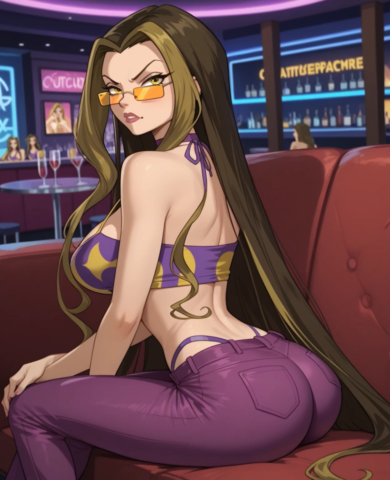 Masterpiece, best quality, Masterpiece, best quality, 1 woman, black skin , Long Lilac Hair , purple hair. , Shy , sly face , Shameless , purple lace bikini , big breasts , , abdomen , Long legs , Put your hands on your hips... , Barefoot , full body , pub , bar , at night