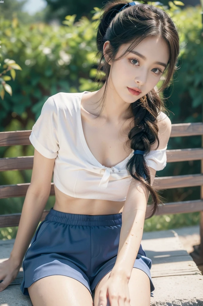 (RAW Photos, Highest quality),(Realistic,photo-Realistic:1.3),masterpiece,Very delicate and beautiful,Very detailed,CG,Unity,2k wallpaper,wonderful,In detail,A light smile,Very detailed,CG Unity 8k wallpaper,Large file size,Very detailedな,High resolution,Absurd,(Natural color hair,ponytail:1.3),((Floating Hair NovaFrogStyle)),Beautiful detailed girl,Detailed fingers,Very detailed eyes and face,Beautiful and sophisticated nose,Beautiful details,Long eyelashes,garden,Light on the face,high school girl,View your viewers,(Short sleeve T-shirt,White T-shirt,Small T-shirt),((Checkered pleated skirt、Stylish pleated skirt)),(((Roll up the skirt yourself))),(I lifted it myself),((Small panties with waistband:1.3)),((Browsing Caution,Stylish pink satin panties:1.2,Just the right size panties:1.1,Pussy)),Pay attention to the panties,One Girl,cute,young,Mature Face,(whole body:1.6),Realistic face,Realistic body,Beautiful thigh detail,