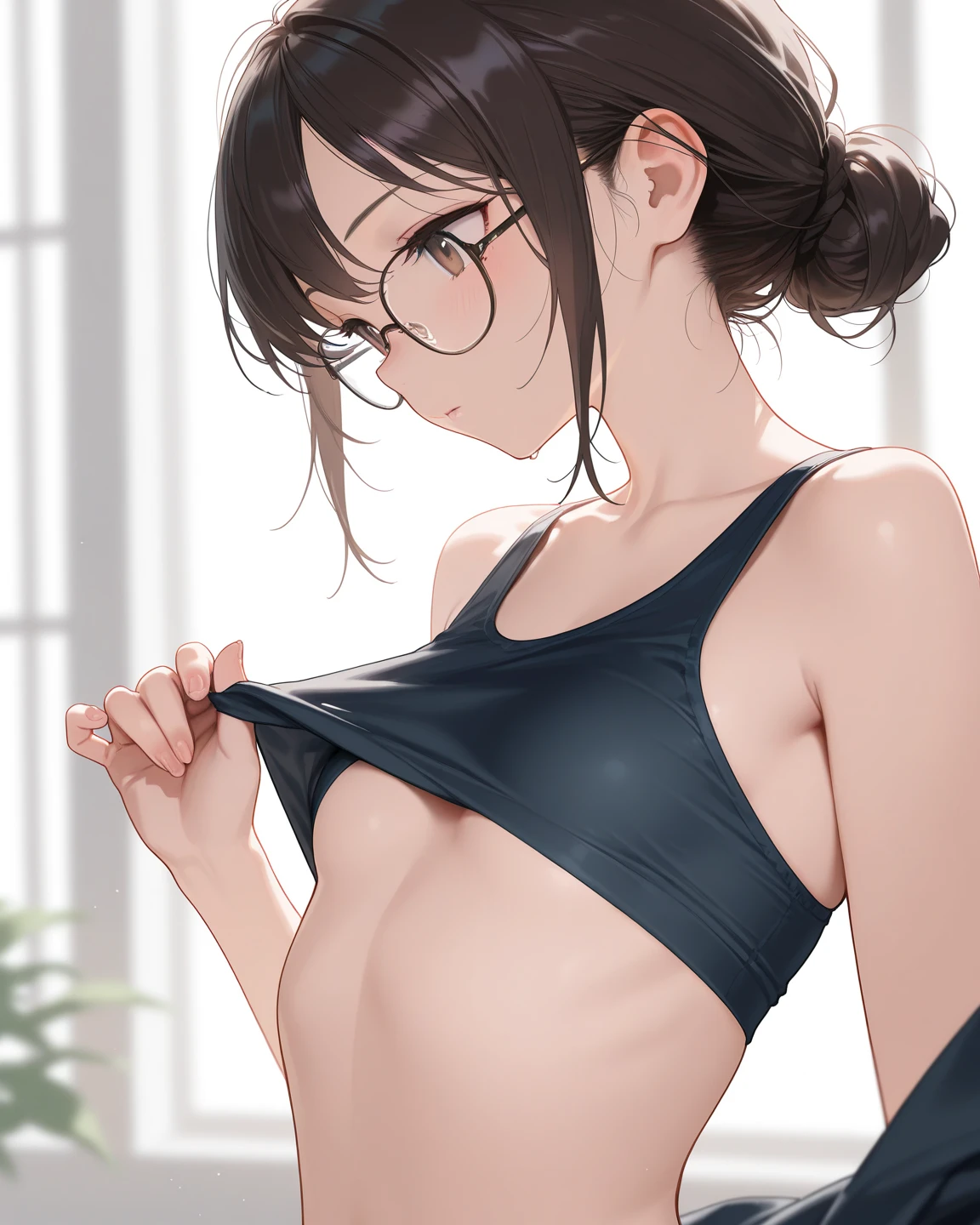 Black hair, short hair, red eyes, glasses, muscular, small boobs, detailed eyes, deep eyes, muscular arms, bob cut, maid costume , beautiful eyes, detailed pupils, maid, fit girl, athletic, mature women, mature face, nipples , nsfw, naked, nsfw , cum on face, face close up