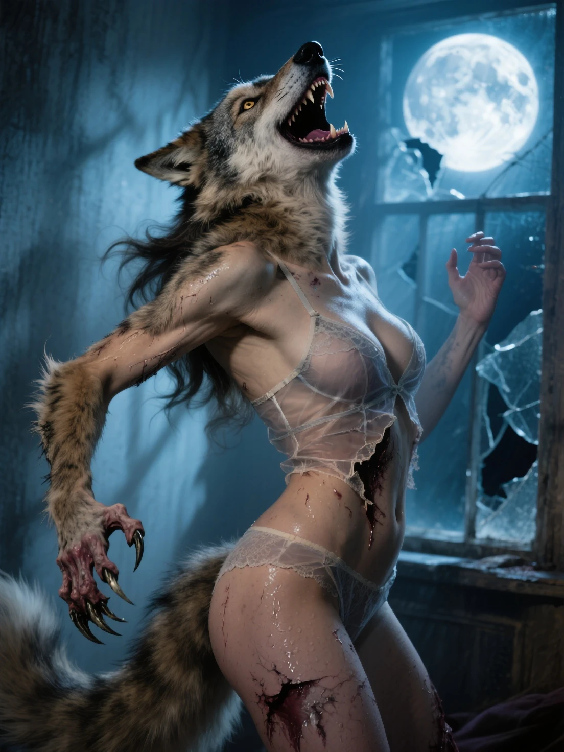 an american werewolf in london, werewolf, movie screenshot, feet, howling, solo, anthro, vagina, breasts,