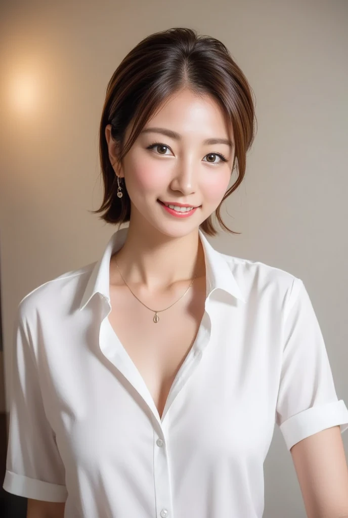 8K,(Black Background)、Simple background Best quality、masterpiece、Realistic。Realistic、Black lingerie、Very detailed、Natural light、1 Japanese female、40 years old,Slightly brown-haired、short hair、(Lean forward to look into the camera)、Detailed bending forward、lingerie、Her cleavage is visible、A refreshing smile A friendly smile、Happy emotion smiley faces、Very detailedな顔と肌、Very detailedな目、Very detailedな顔と肌、Very detailed smile、Full Body Shot、Sexy clothes and underwear
