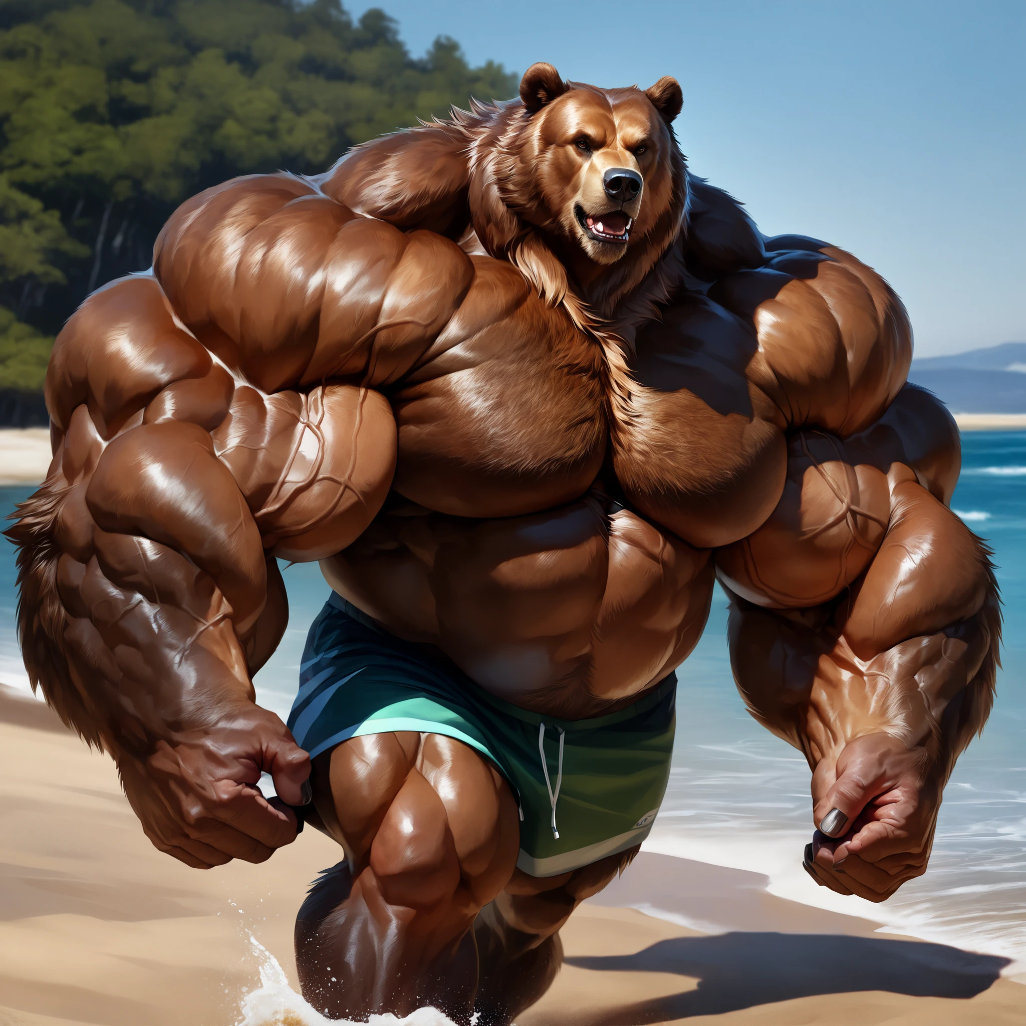 beach, extremely huge muscular, massive muscular, full-body, well-muscled old grizzly bear in shirtless and topless. ((extremely muscle size, super thick arms, huge pectoral, extremely wide pectoral , huge arms)). Correct anatomy, and add details to make it attractive and interesting. Add textures and details to make the image more realistic, such as the appearance of the brown fur texture and the appearance of the brown skin. Flexing for the ladies, Make sure the resulting image is high resolution, 8K quality."