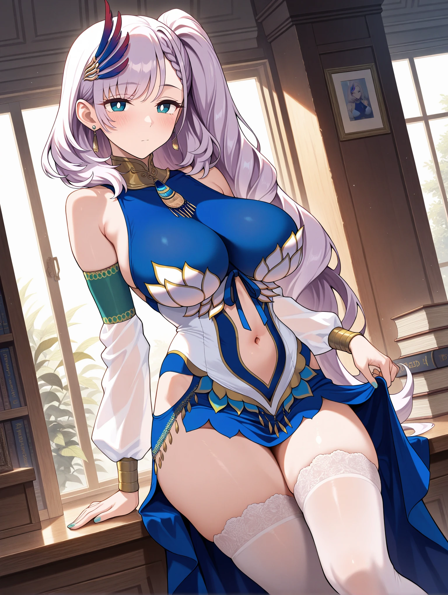 cute, standing lady, three view drawing, front and back and side,full body,simple background,dancer,long hair,blue print,big tits