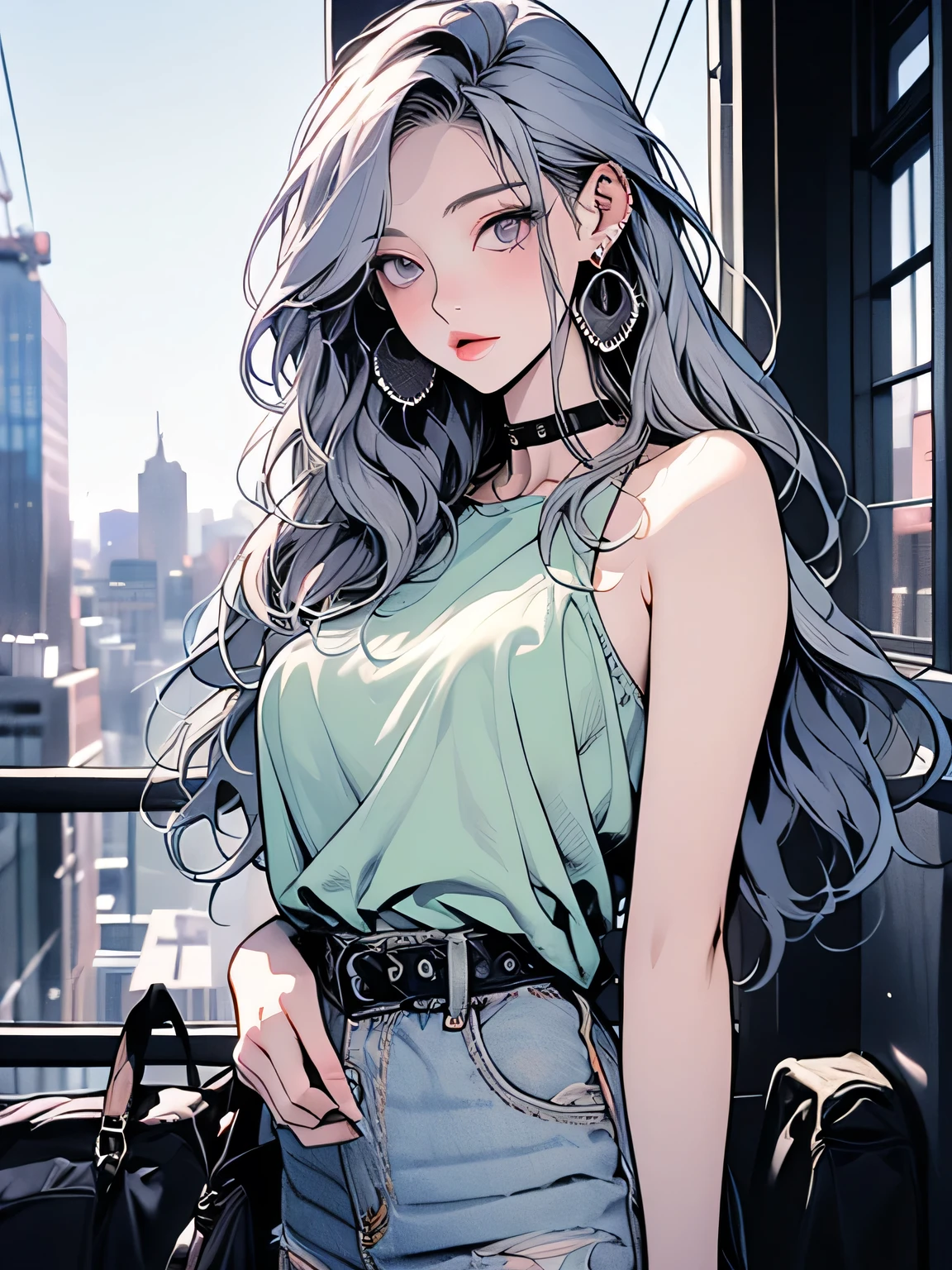 nsfw、Animation、Top quality、high resolution、A woman is listening to music、adult expression、silver hair、semi-long hair、lilac camisole、Light Green Tight Skirt、mini skirt、Earphones、holds a coffee cup in her right hand、Bus stop in the evening、、((Evening time))、Pale Light、(((Big city dusk)))、