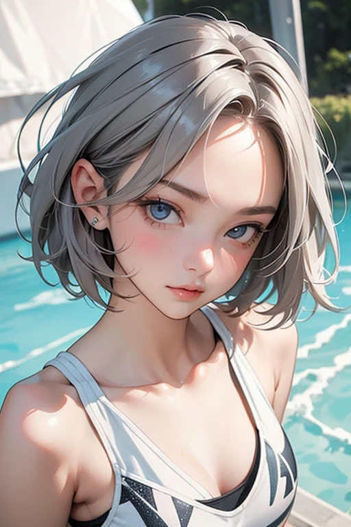 highest quality、realistic、Japanese、girl、zoom、look up、cute、silver eyes、very short hair、boyish、chestnut hair、all back、The forehead is out、pool、poolサイド座る、swimsuit、A big smile、close up face、slender、small breasts
