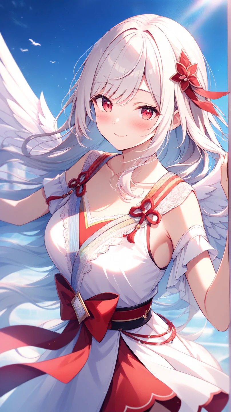 1girl in, Solo, perfect bodies, (top-quality:1.5), masutepiece, nffsw、Shaders、Brilliant Textured Work、silber hair、Very long hair、Attractive red eyes、Revealing maid clothes、Head dress、Shoulder out、Navel、White silk long gloves、underboob、Ultra mini skirt、white tights、garterbelts、Smiling smile、Composition looking up、