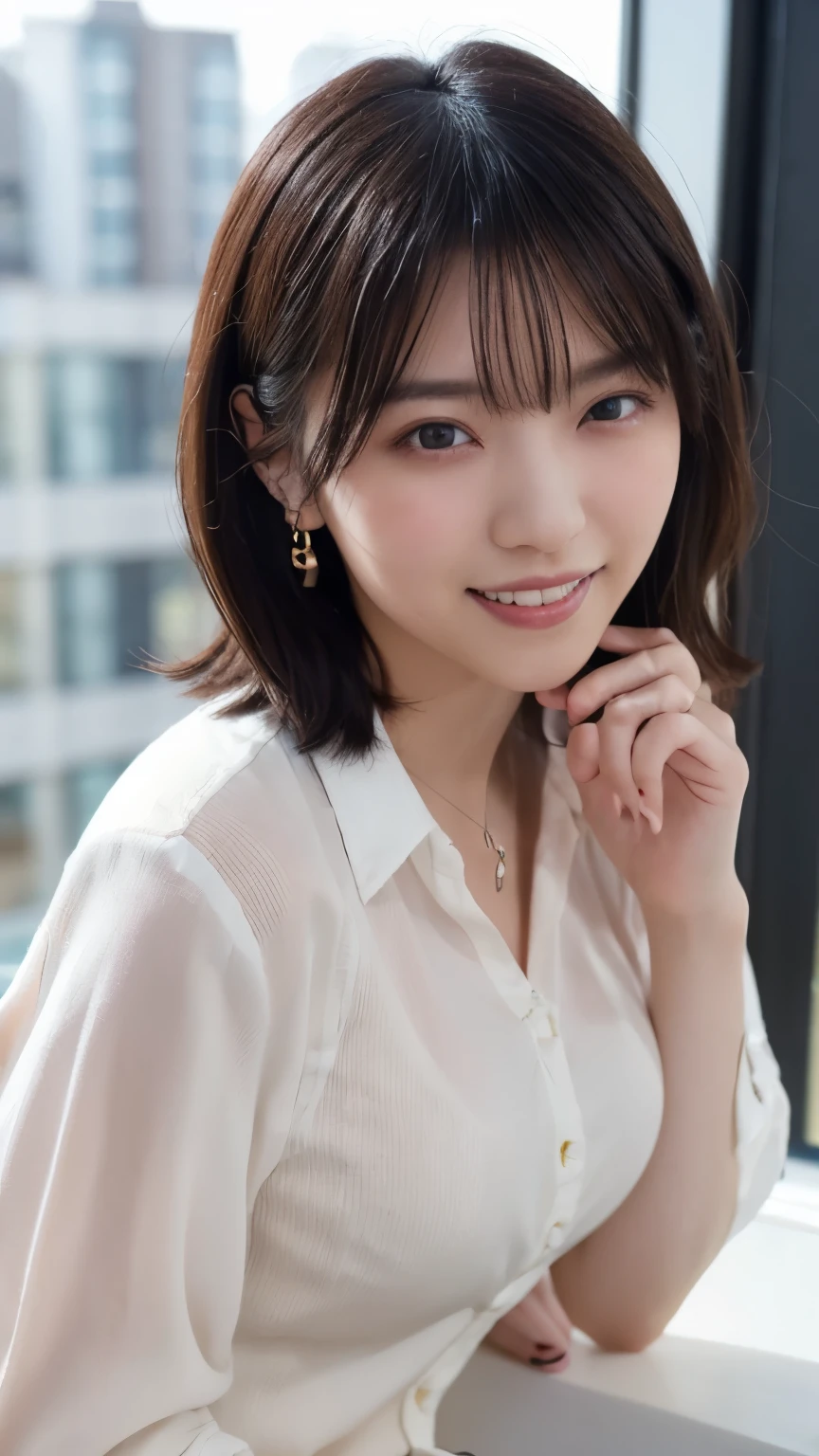 1 Japanese beauty , depth off field, first-person view, f/1.8, 135mm, Nikon, ultra high definition, retina, masterpiece, accurate, anatomically correct, textured skin,Very white skin、 clear skin 、 Super Detail, high detail, high quality, Best Quality, high definition, 1080P, high definition, 8k,(chubby:1.4)、 (big boob:1.4),Japanese beauty 1 person,((((A glamorous woman with striking dark eyeshadow in rich plum shades, high-contrast studio lighting creating a moody effect))))、 (she has heterochromia, and her eyes are different colors, which makes her incredibly captivating)、(Drunken Blush Makeup)、round face、She is smiling very happily、she is smiling with squinty eyes、INSANELY BEST SMILE、she is smiling with her mouth open、Her front teeth are neatly arranged、(she has cute little vampire fangs)、(Bob Cut Hair:1.he is wearing a Collared blouse with v-neck(white:1.5))、break、(She's wearing a see-through panties)、She is in an IT firm's office at sunset、break,She is sitting in a window seat、I can see a skyscraper city out the window