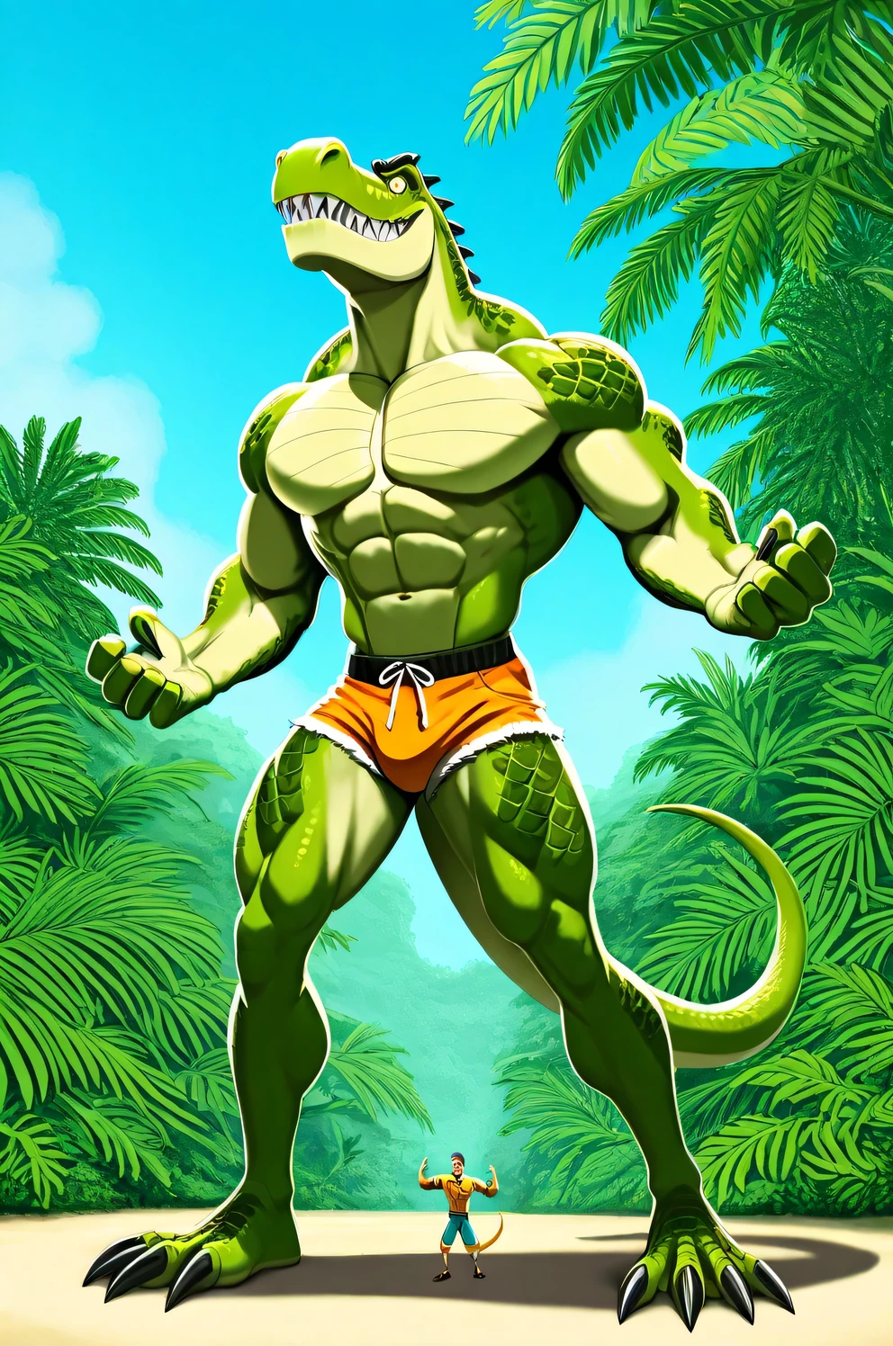 A gigantosaurus rex, g-rex, green giant strong dinosaur, green scales skin, golden chest, abs, long tail, full body, giant size, macro size, 50-foot size, lush jungle background, blue sky background, wearing ripped orange shorts, happy expression, biggest muscular body, 8k, hyper detailed, photocartoon 2d, ultra cartoon 2d, biggest cartoon 2d eyes, highly detailed cartoon 2d style, cinematic lighting, lush tropical foliage, powerful pose, smile expression, glistening scales, razor sharp teeth, massive claws, gigantic chin, saturaded colors, long legs, big feets.
