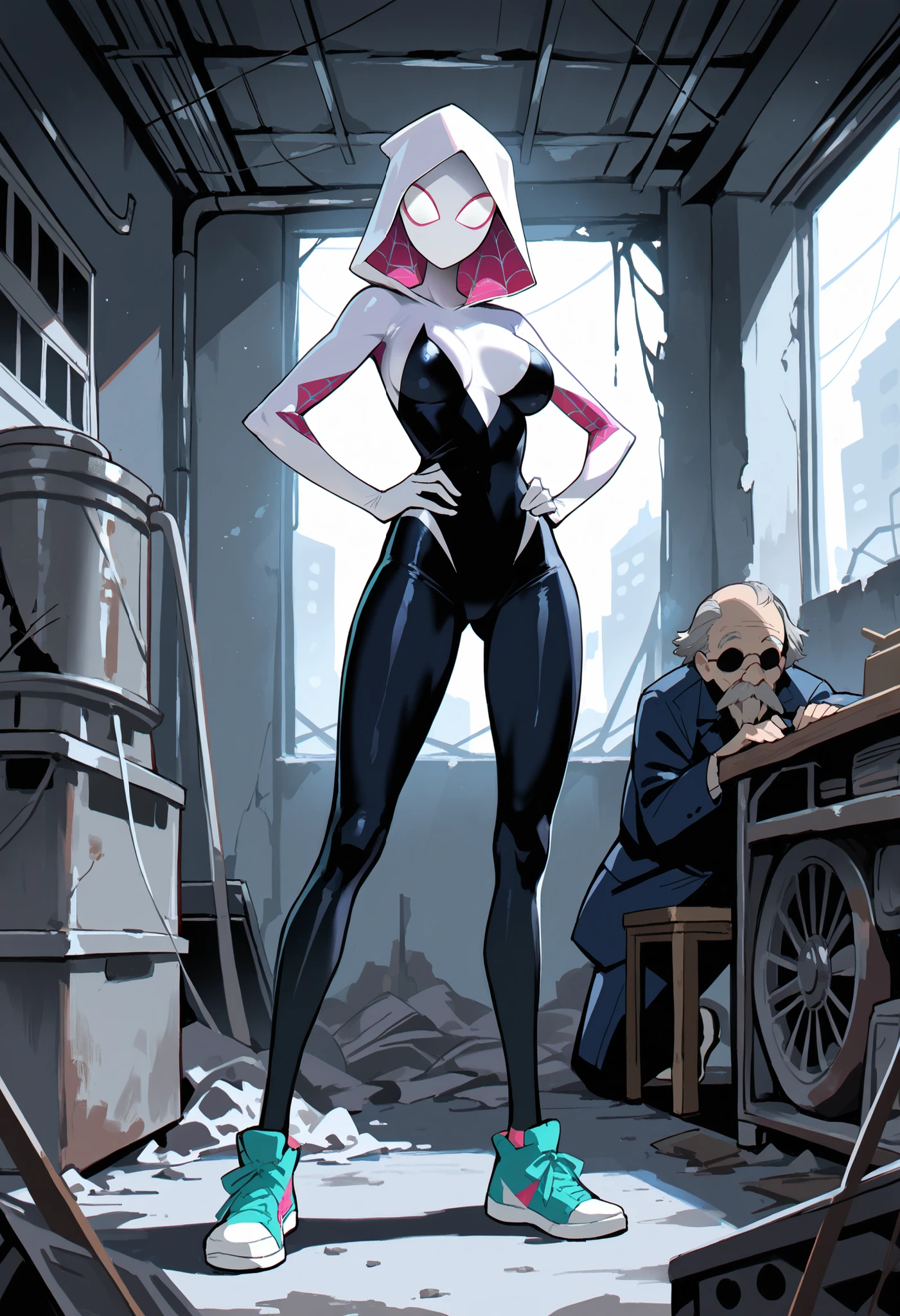 Masterpiece , best quality , Masterpiece , best quality , Spider Gwen , mask , body suit , skinny body , abdomen , big breasts , hands on hips.. , long legs , sneakers , 1 man , old man , huge , abandoned factory ,