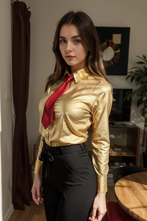 A heavily muscled iffb pro female bodybuilder, 
 Photo of a beautiful Sydney Sweeney, age 18 with long wavy brown hair gold  silk shirt,  black mini skirt, pantyhose, in a luxurious lawyer office, bookshelf, desk,     poking nipples