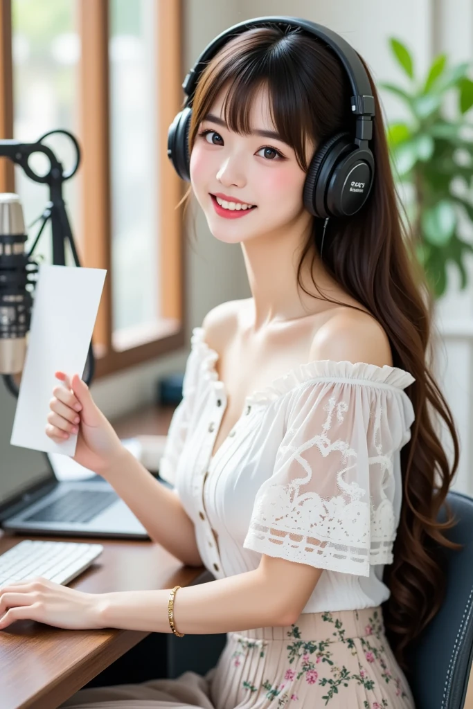 close-up, side shot of beautiful korean female, 34 inch breasts size, slightly smile , wearing gold tank top, wearing headphone, looking and holding music cd , in cd shop, 1970 photograph, UHD