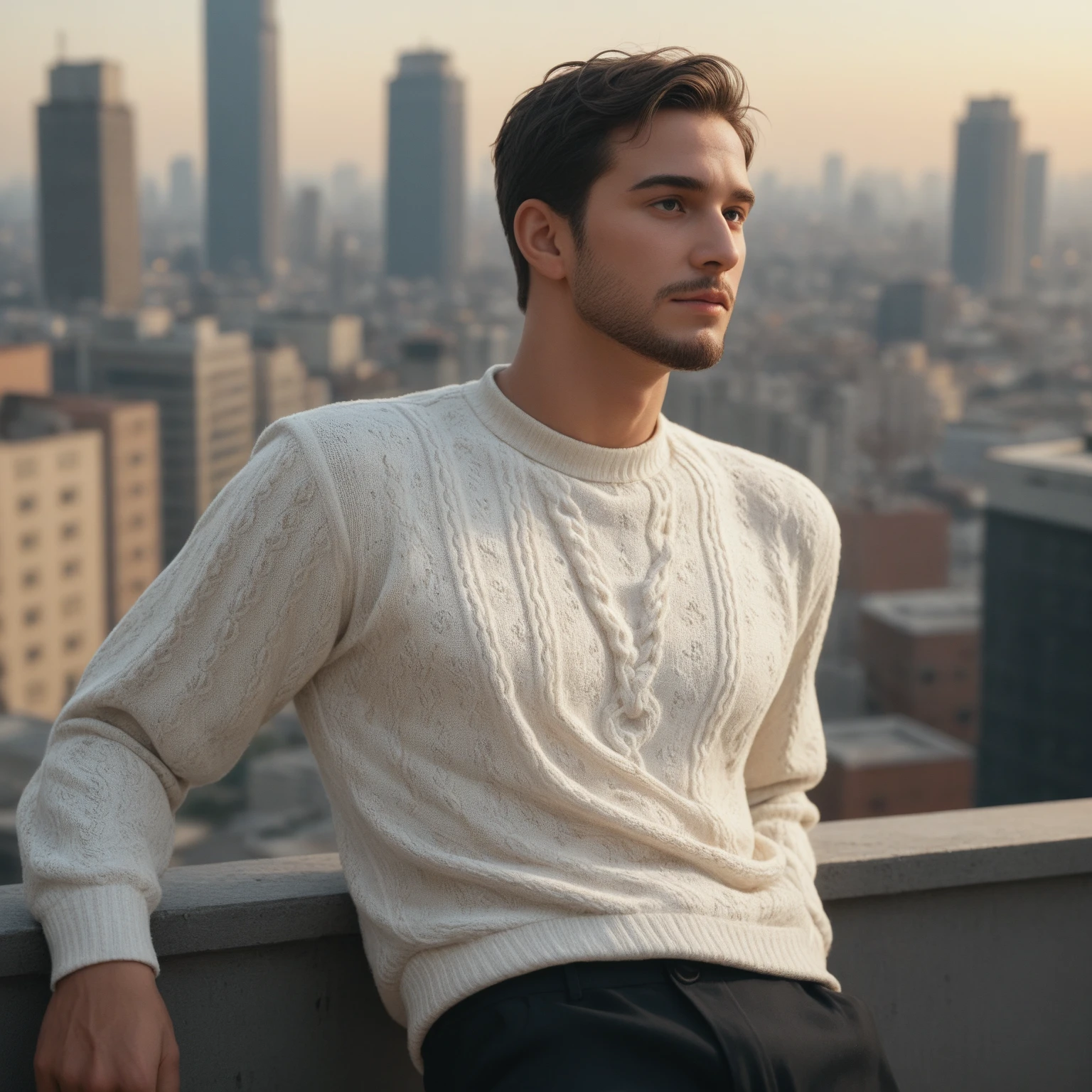Homem encostado a uma janela, wearing a green sweater,standing near a window, with his hands on his hips wearing an old, torn white jockstrap ((cueca)), coxas grandes e expostas, undefined thighs, coxas peludas ((coxas))