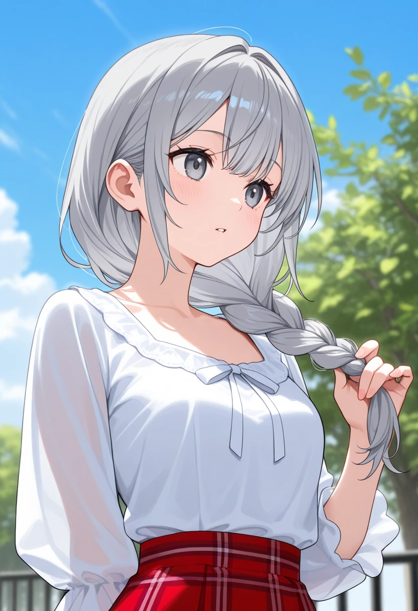masterpiece、Mastepiece、22-year-old woman、Meeting up on a date、Beautiful eyes、Embarrassed、Random hairstyle、Perfect proportions、Wear a white dress、The background is a park