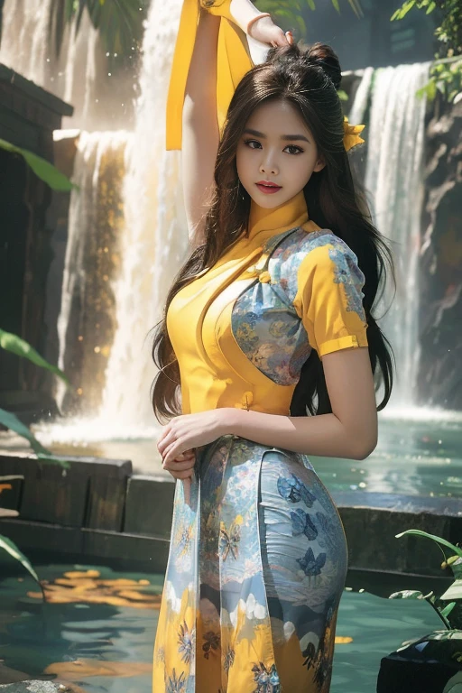 Burmese girl with attractive curvy full body.  Friends full-length ??????, ( dress) reflective long dress painted with flower patterns, only dress.  hi gh ????  High resolution  High resolution  natural background  High resolution  HD  3D,  8K cartoon anime 