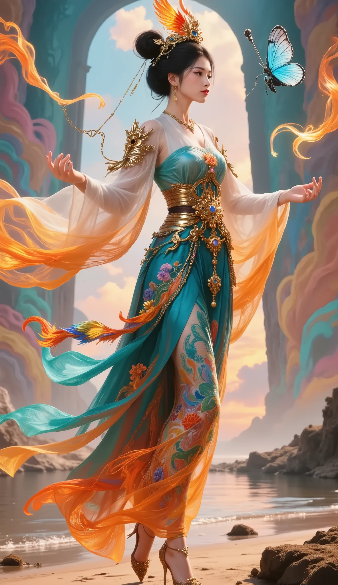 Official Art, Uniform 8k Wallpaper, Ultra-detailed, beautiful beauty, beautiful, Masterpiece, Best quality, (ztwist, Mandala, , twist), (Flower Ecstasy: 1.2) dynamic angle, cowboy shot, 最beautiful混沌形式, grace, Brutalist design, vibrant colors, lain , Atmosphere , Golden Crow, Sun God, characteristics , fire,