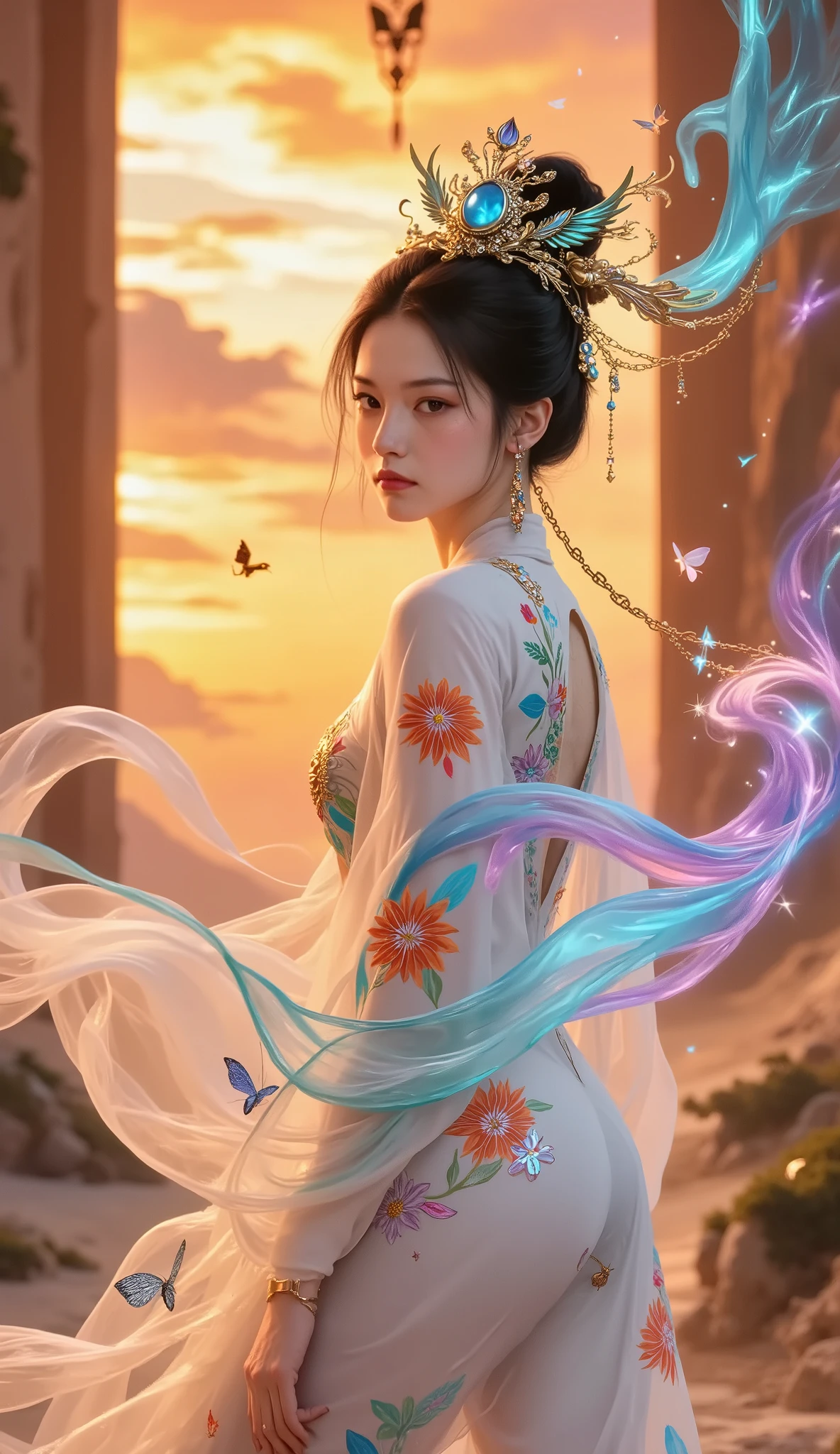 Official Art, Uniform 8k Wallpaper, Ultra-detailed, beautiful beauty, beautiful, Masterpiece, Best quality, (ztwist, Mandala, , twist), (Flower Ecstasy: 1.2) dynamic angle, cowboy shot, 最beautiful混沌形式, grace, Brutalist design, vibrant colors, lain , Atmosphere , Golden Crow, Sun God,  characteristics , fire,
