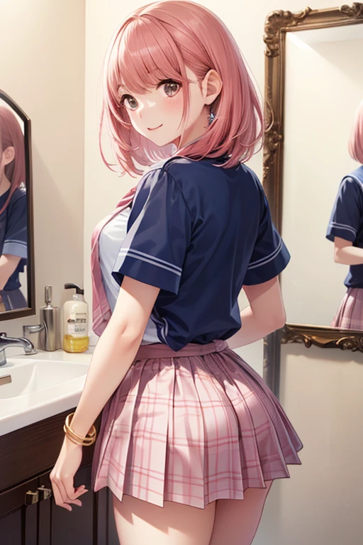 (masterpiece、high definition、8k、high quality)、solo、Japanese Woman、1 person、super detail、 high chroma、Freshness 、High school girl、anatomical structure、Group Selfies -、Beautiful eyes on my stomach、Beautiful skin、textured skin、shiny costume looking at me、big eyes、(pink hair from the 2nd floor)、bungs、、Deep pink 、Uniform Cheerleading Team、 false eyelashes、Studio Lighting、 Soft Shadows、daylight 、slim figure、Thin Waist、Tight abs、school uniform((white plain shirt、SHORT SLEEVE、Pink Plaid Pleated Skirt、micro mini skirt、bracelet that shines on the wrist、Almost Pink Hair、Sneakers))、focus on face、In the bathroom、has a mirror in the background、are looking in the mirror、Gold Necklace、 sigh、from behind、Look at me、My Face Is Reflected in the Mirror、looking back up at a ladder, ,, , ,,
. 、.,,
,, ,( masterpiece, best quality, high resolution, ultra high resolution, pixel perfect, depth of field, 4K, RTTX10.0), 、Anegasaki Nene, shiny brown hair, beautiful brown eyes, smiling face, sparkling pupils, (fine grain), , highly detailed face,, (masterpiece:1.2, best quality), ((only1 girl)), ((cowboy shot:1.5))