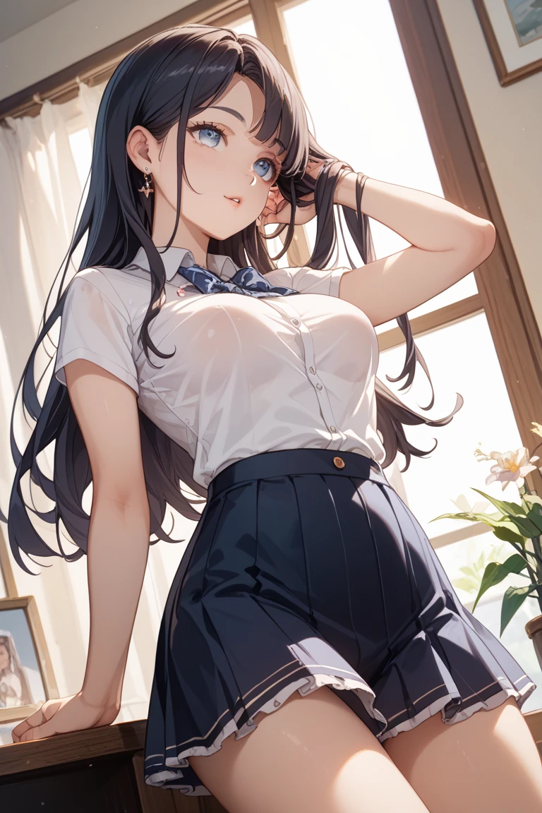 masterpiece、highest quality、1 girl、high school girl、18-year-old、Perfect Face、Shiny skin、Random Uniform、(ponytail)、Big eyes、tall)、Beautiful Hair、Beautiful Eyes、Perfect proportions、Beautiful thighs、Beautiful legs、Beautiful fingers、((High-quality fabric、brown knit vest、Short sleeve white collar shirt、Navy Pleated Skirt、A bow tie))、After school in the classroom、(smile)、(((((Skirt Lift、Panties and pantyhose are visible)))))