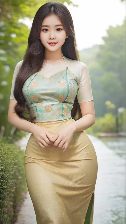 (ultra high res.photorealistic:.1.4,UHD), (best quality, 4k, 8k, high-res, masterpiece:1.2), ultra-detailed, (realistic, photorealistic, photo-realistic:1.37), (beautiful detailed, extremely detailed), perfect lighting, vivid colors, ( shiny hair, shiny skin), standing and looking at the viewer, outdoor background, Burmese girl, acmm ls outfit, wearing acmm top, (white) acmm top, long sleeves, wearing acmm long skirt, (blue) acmm long skirt, printed skirt.