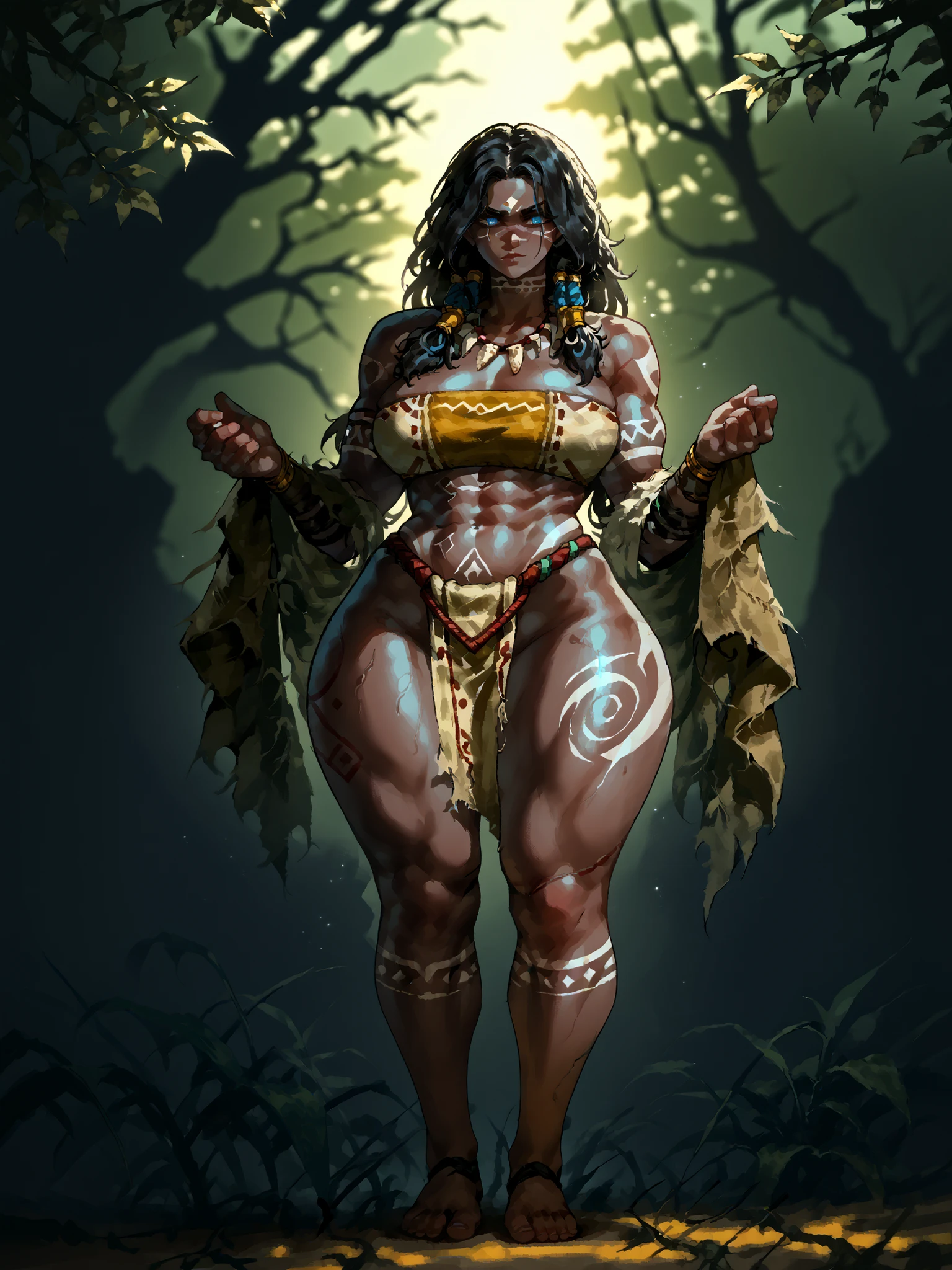 high quality, 1 girl, original tribal warrior girl, dark brown skin, extremely curvy and muscular body, large breasts, wide hips, thick thighs, full body tribal tattoos, long black dreadlocks, no accessories in hair, deep black color, glowing icy blue eyes, calm and disdainful expression with a hint of curiosity, symmetrical triangle-shaped birthmarks aligned under both eyes, standing confidently, camera angle from knees up, no feet visible, tight leather top, minimalist loincloth, subtle pubic hair visible above the cloth, soft glowing skin, sunlight filtering through jungle leaves, stylized anatomy, smooth shading, clean lines, soft highlights, anime-inspired semi-realistic style, cinematic lighting, dominant and elegant presence, tribal fantasy aesthetic, stylized semi-cartoon aesthetic