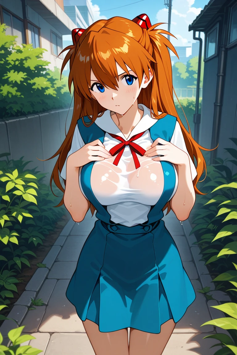 (Perfect body),Best Quality,16 K、(White blouse)、(Blue tie)、(sleevless blouse)、((Blue miniskirt))、White knee socks、Blue striped panties、Panchira、:D、I have my mouth wide open、(asymmetrical bangs)、(((Long straight hair)))、(Blue eyes),((Orange hair)),(Sweat)、(Big ass)、huge-breasted、(((thick thighs)))、Armpits、(Inside the spaceship)