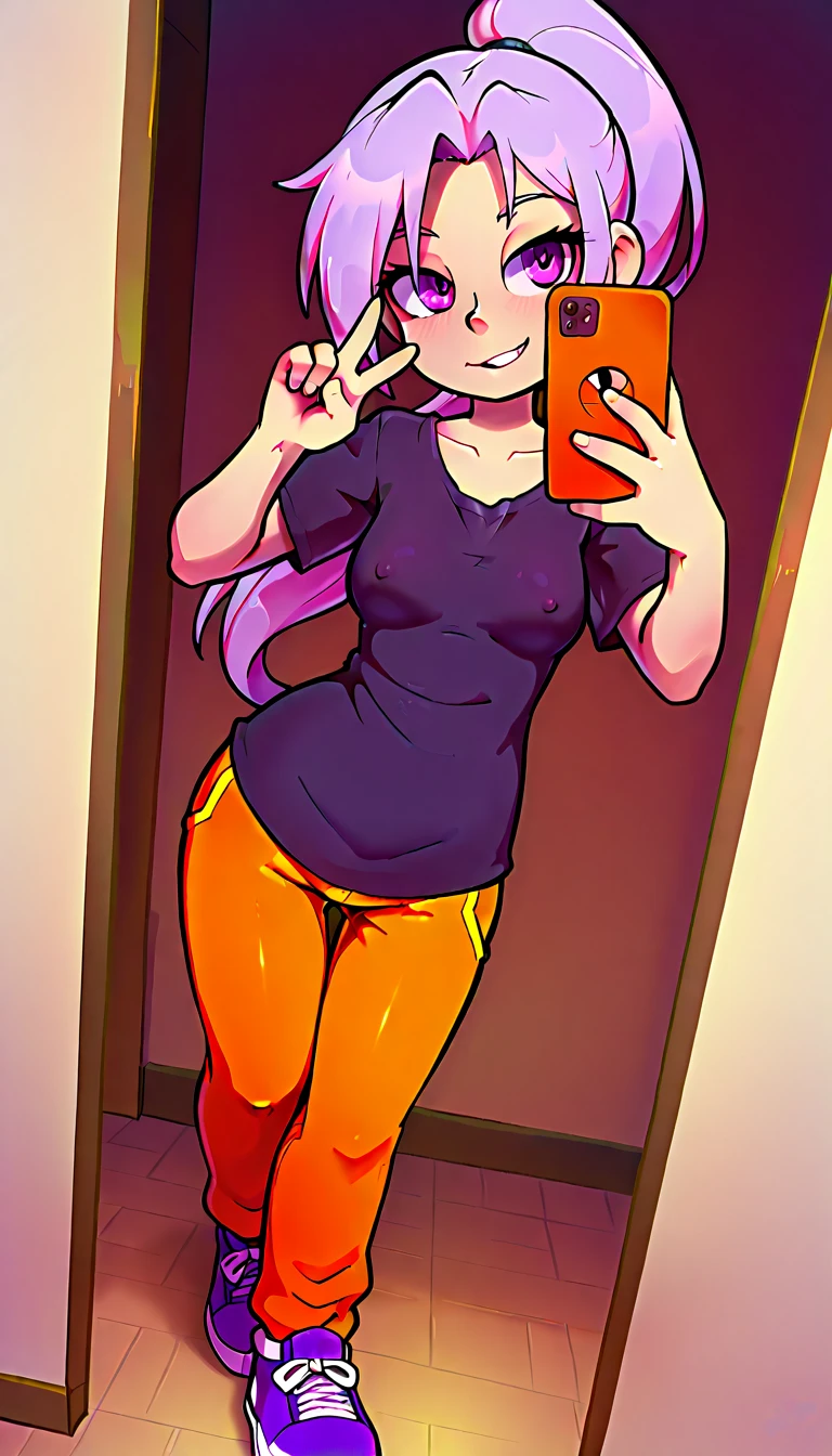 sam, totally spies, orange hair, selfie, smile, bare shoulders, pussy, legs apart, legs up, smartphone, on the floor, ahegao, one arm behind back