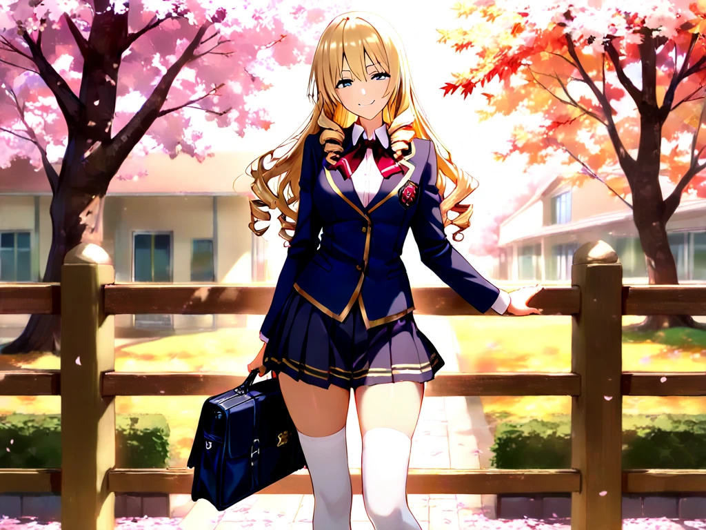 masterpiece, best quality, highres, game cg, 1girl, ijichi nijika, cherry blossoms, petals, flying petals, wind