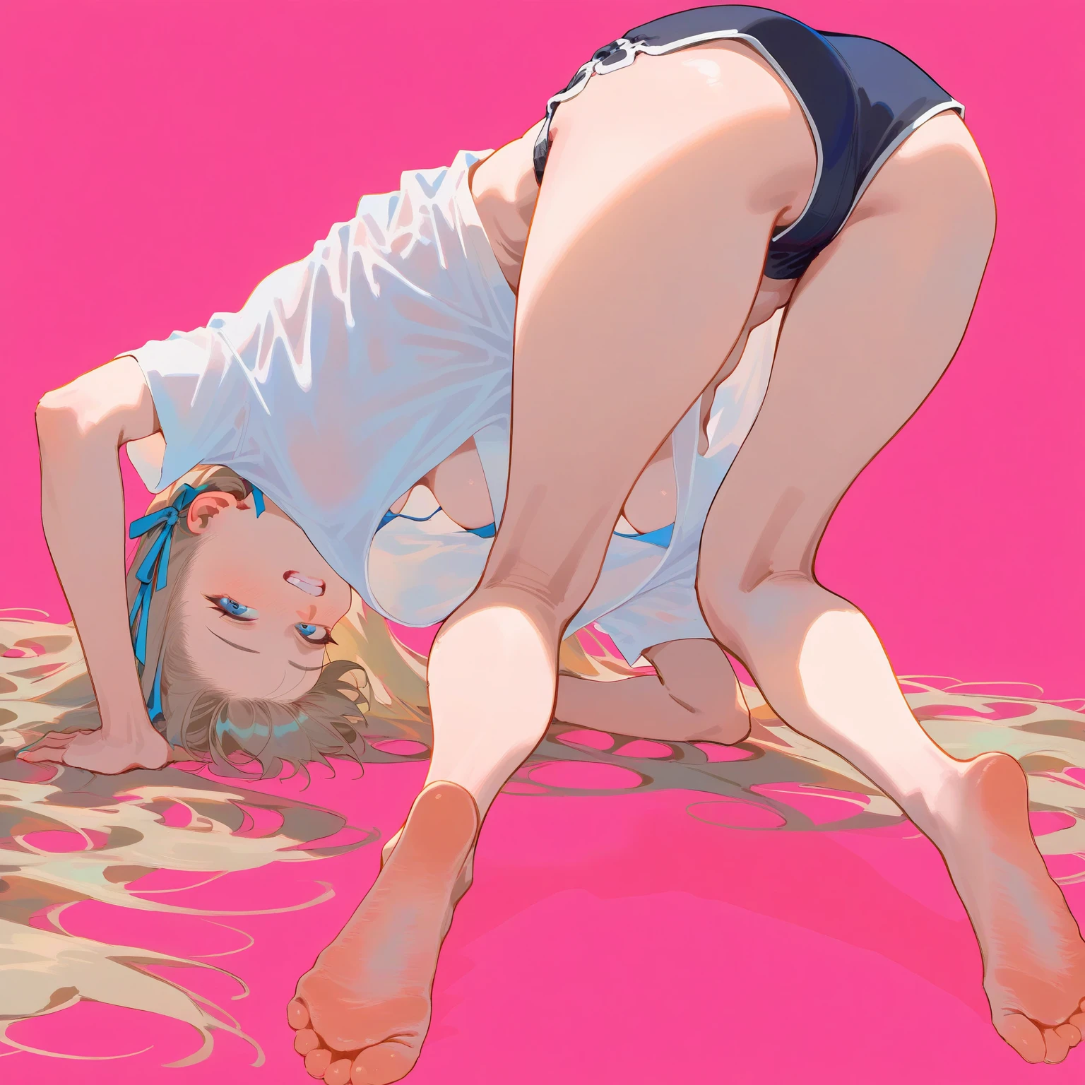 (Crossdresser),blonde low twintails,服の隙間Voyeur,On all fours,Voyeur,Swimwear,Groin bulge,Side view,Masturbation,((ejaculation)),Ahegao