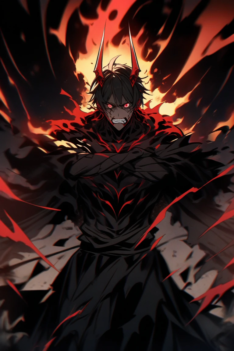 dark aura, hell, male, red eyes, bats, blood, black dark red hair, chain, spikes, experienced, tatoo, long parted bang, devil