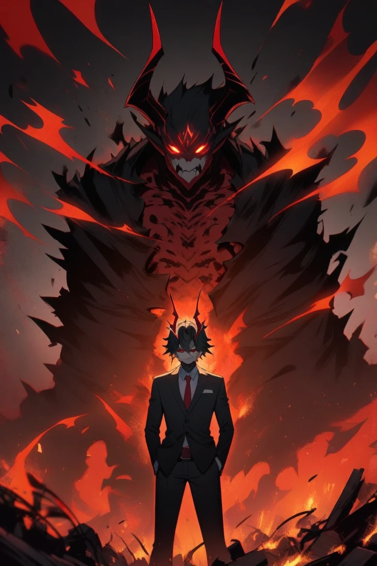 Best quality, one, beautiful, 1 man, 20 years, Tall and athletic physique, V-shaped body, wide shoulders, in a detailed black British suit, crazy wild and toothy smile, huge bat wings, sharp ears, short black hair, model hair, black sclera and blood red eye iris, a circle of fire around it, against the background of a pillar of flame and full of fire and covered with lights, fiery threads