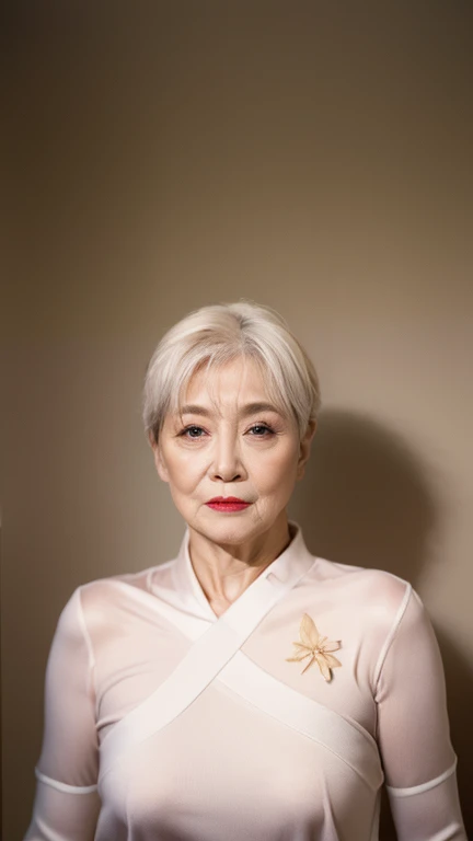 (((alone))), Older mature woman, Pure white background, gravure, Look forward, ((Center the screen)), Show both hands,
