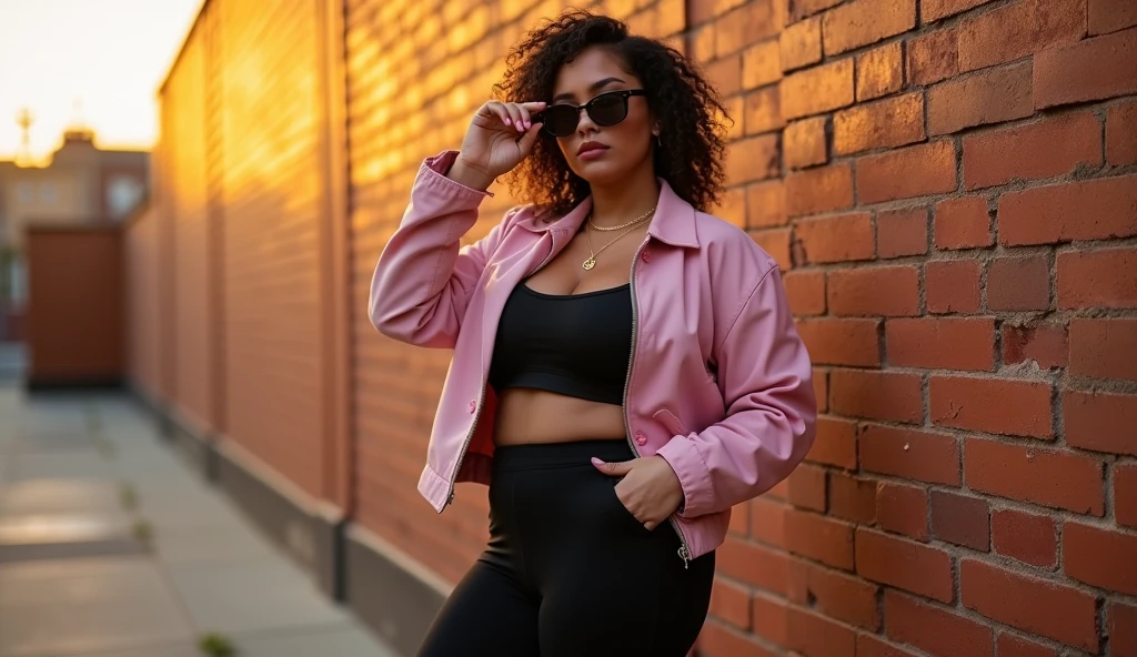 {(Faith Evans legging preto de couro, short pink wool jacket, sensual)}.
