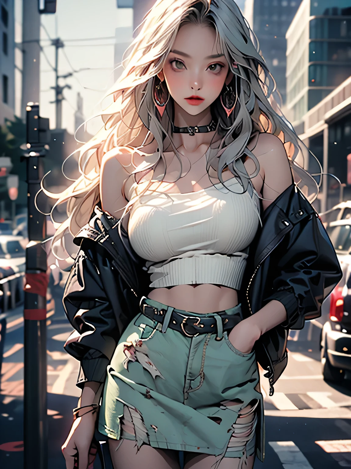 nsfw、animation、Top quality、high resolution、A woman is listening to music、adult expression、silver hair、semi-long hair、lilac camisole、Light Green Tight Skirt、mini skirt、Earphones、holds a coffee cup in her right hand、Bus stop in the evening、、((Evening time))、Pale Light、(((Big city dusk)))、