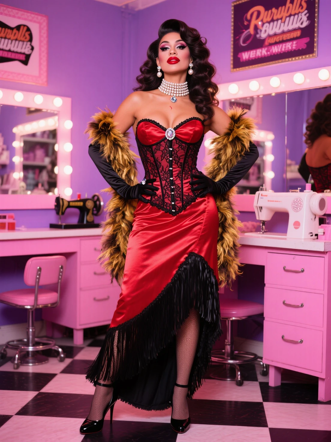 Married sunny leone, plus size,curly hair,wearing short harley quinn blouse and short harley quinn petticoat,her hands upward seductively,she is holding large jewelery,dancing crazily, alone,background at night in a jewellery shop,she is here to steel,seductive environment,harley quinn vibe